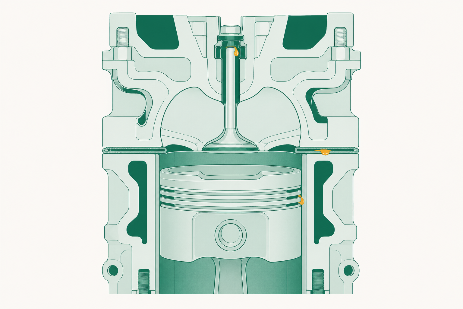 Cross-section of one engine cylinder showing the valve stem seal at the top, the piston rings against the bore, and the head gasket joint, with a small bead of fluid marked at each of the three points.