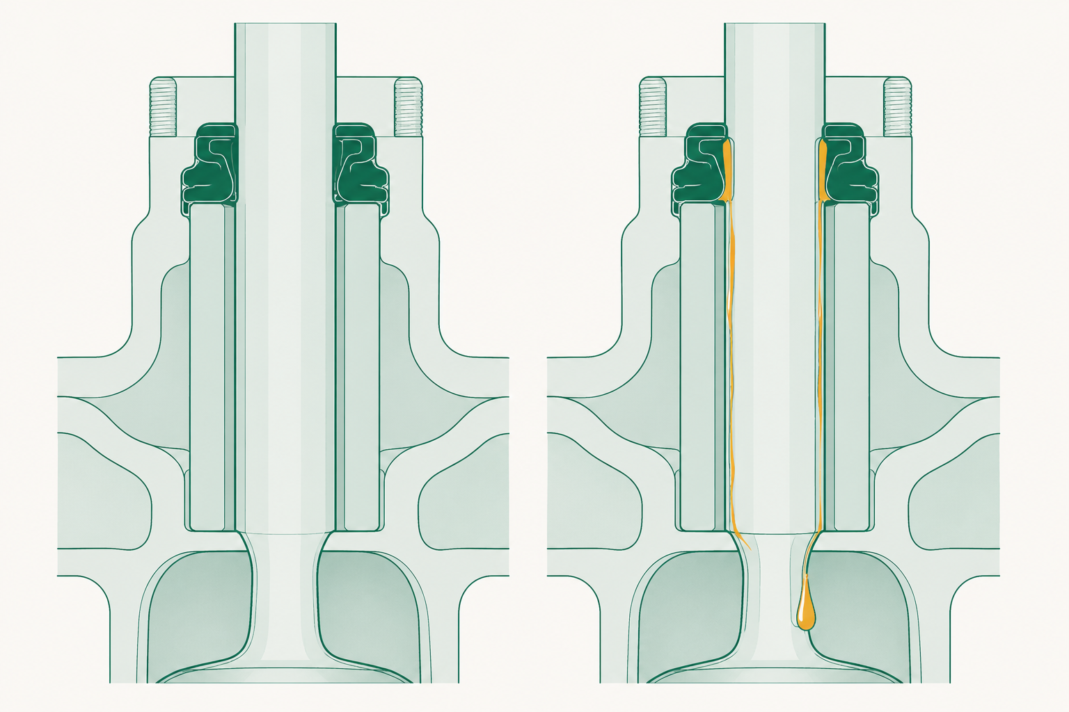 Two cross-sections of a valve stem and its seal side by side: one with the seal gripping the stem cleanly, and one with a hardened seal leaving a gap and oil running down the stem into the port below.