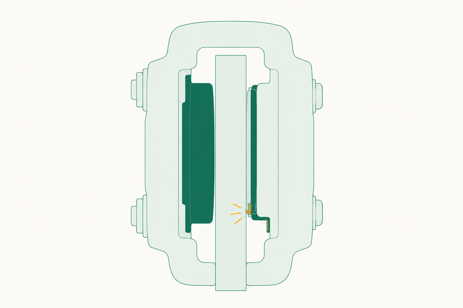 Cross-section diagram of a disc brake: a healthy pad on one side, a worn pad on the other with its metal wear indicator touching the disc.