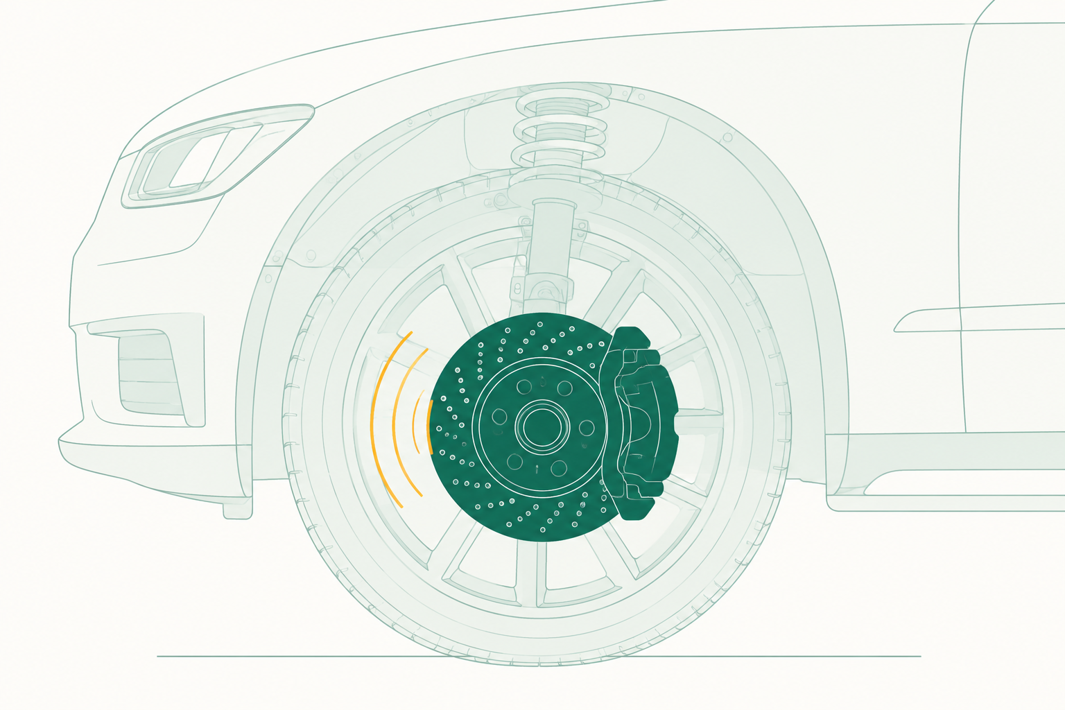 Cutaway illustration of a front wheel showing the brake disc and caliper, with sound radiating from the disc.