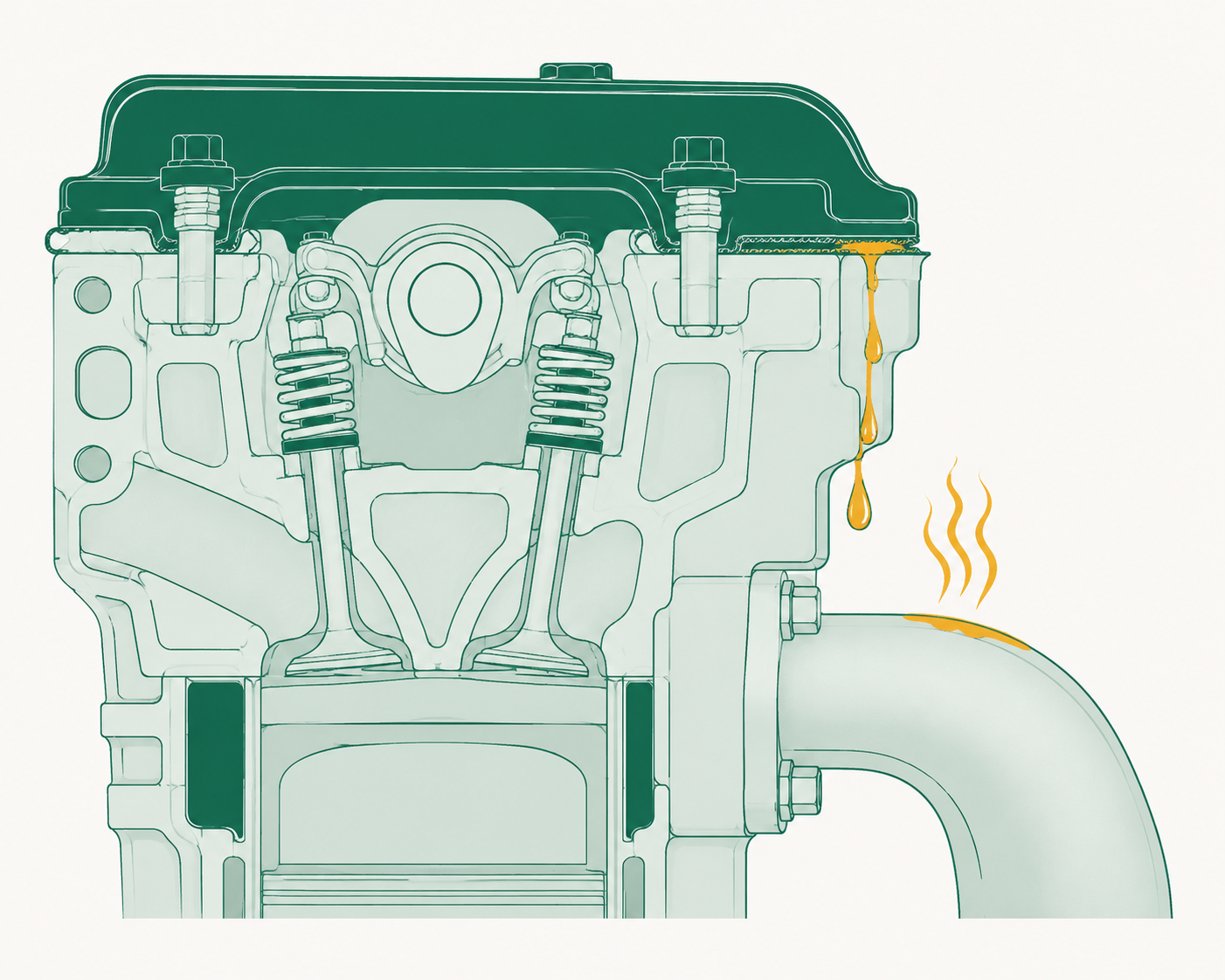 Cross-section of a cylinder head and exhaust manifold: a hardened cam cover gasket lets a bead of oil escape and run down onto the hot manifold below, where it vaporises.