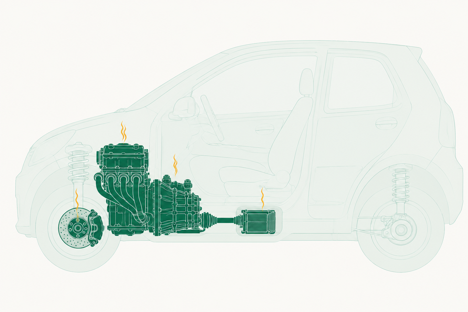 Cutaway illustration of a car from the side showing the exhaust manifold under the bonnet, the brakes at a front wheel, the clutch at the gearbox and the heater behind the bulkhead.
