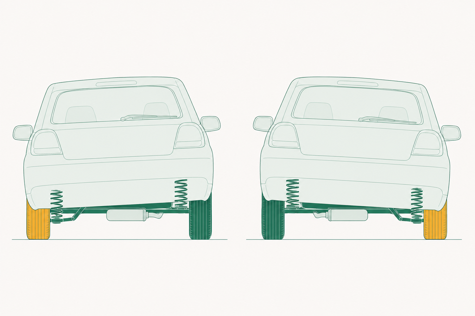Rear view of the same car drawn twice, once leaning slightly to the left and once leaning slightly to the right, with the outside wheel carrying the load highlighted in each case.