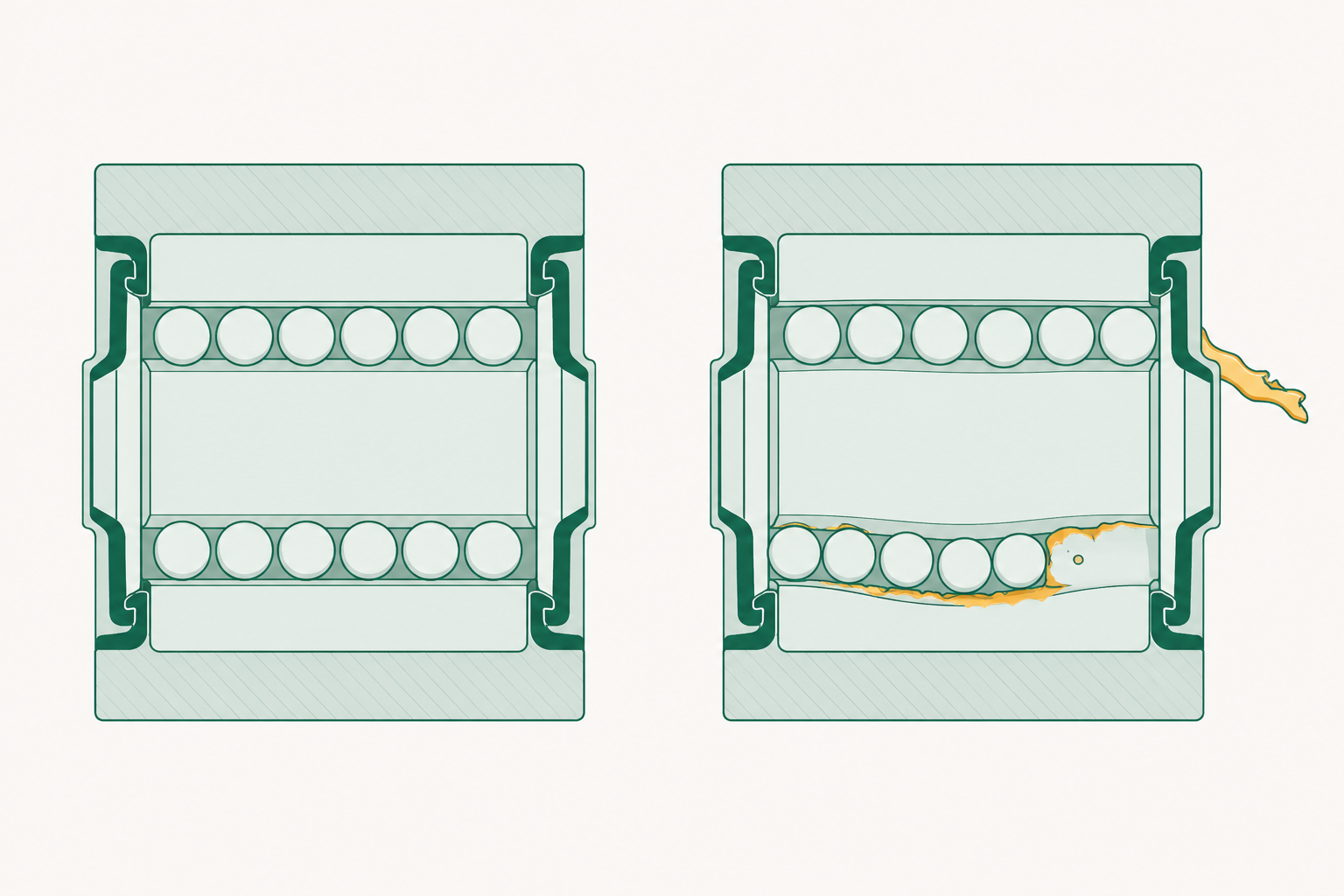 Two cross-sections of a wheel bearing side by side, one with an intact seal and evenly spaced rollers on smooth tracks, and one with a broken seal, contaminated grease and pitting marked on the inner track.