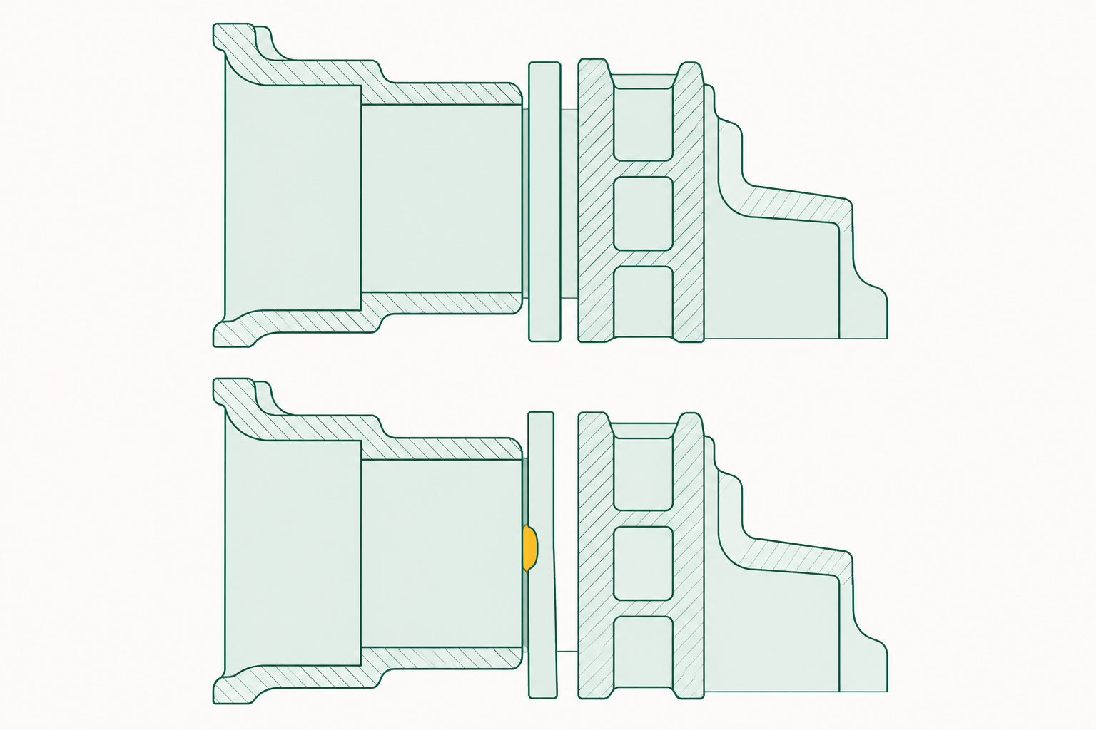 Two cross-sections of a clutch pressed between flywheel and pressure plate: one with even contact across the friction face, one with a raised hard patch touching first so the rest of the face stands clear.