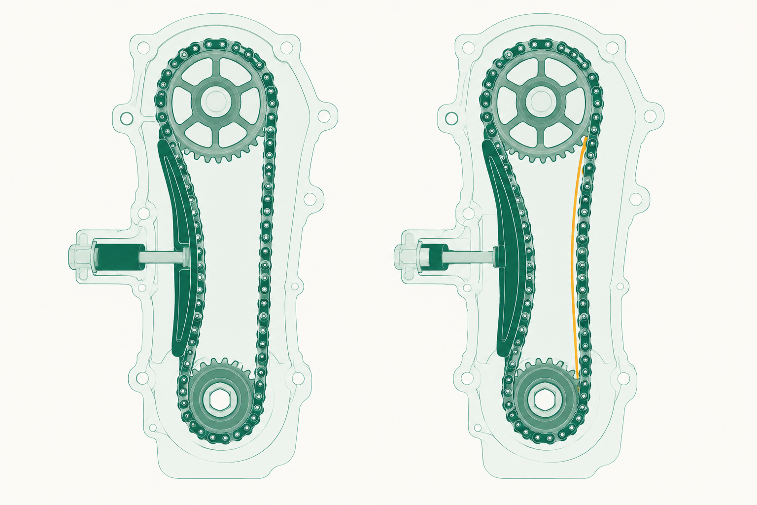 Cross-section diagram of a timing chain and hydraulic tensioner: on one side the tensioner is extended and the chain taut, on the other it has retracted and the chain hangs slack against its guide.