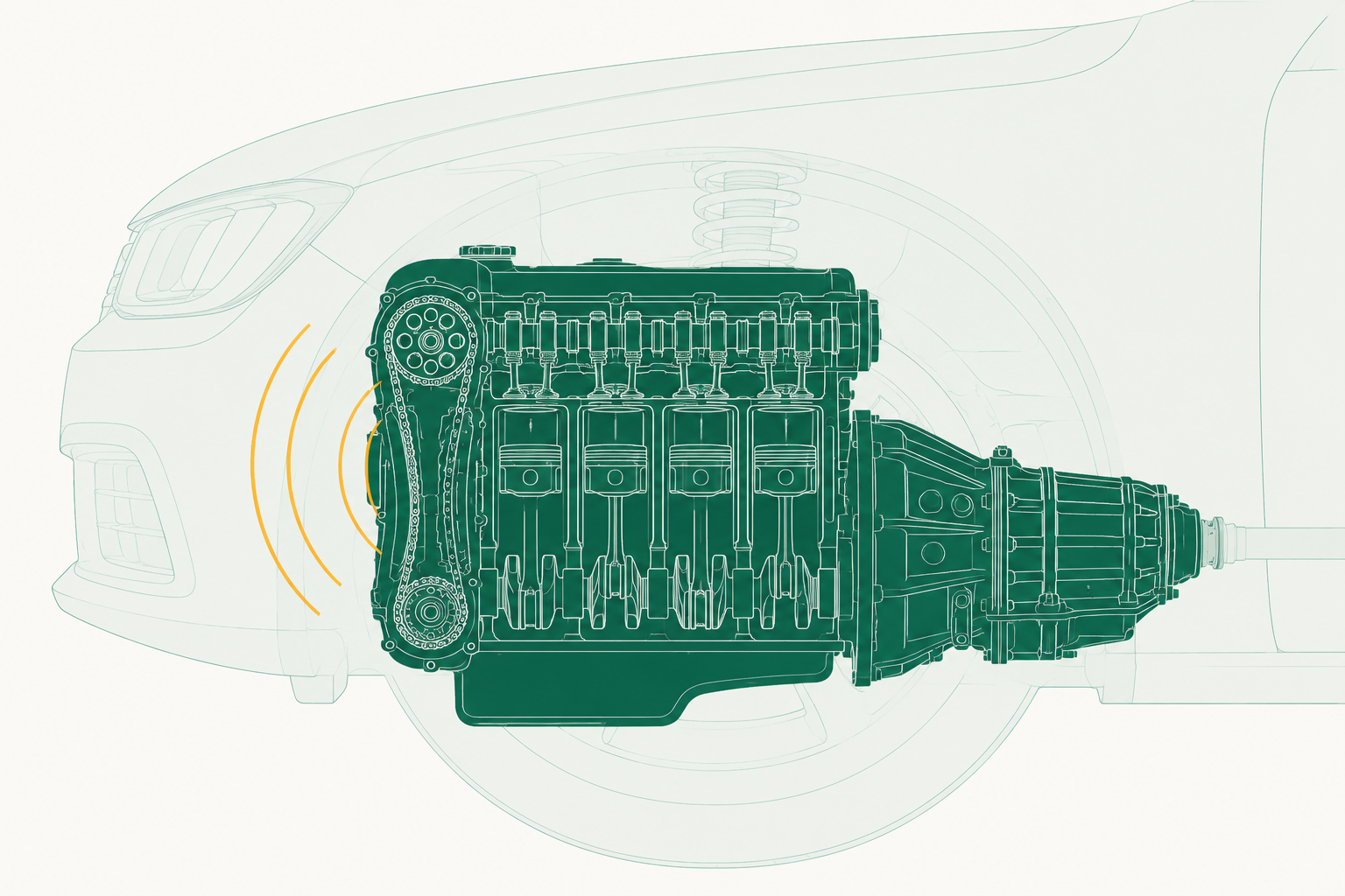 Cutaway illustration of a transverse engine showing the timing case at one end and the valve gear along the top, with sound radiating from the timing case.