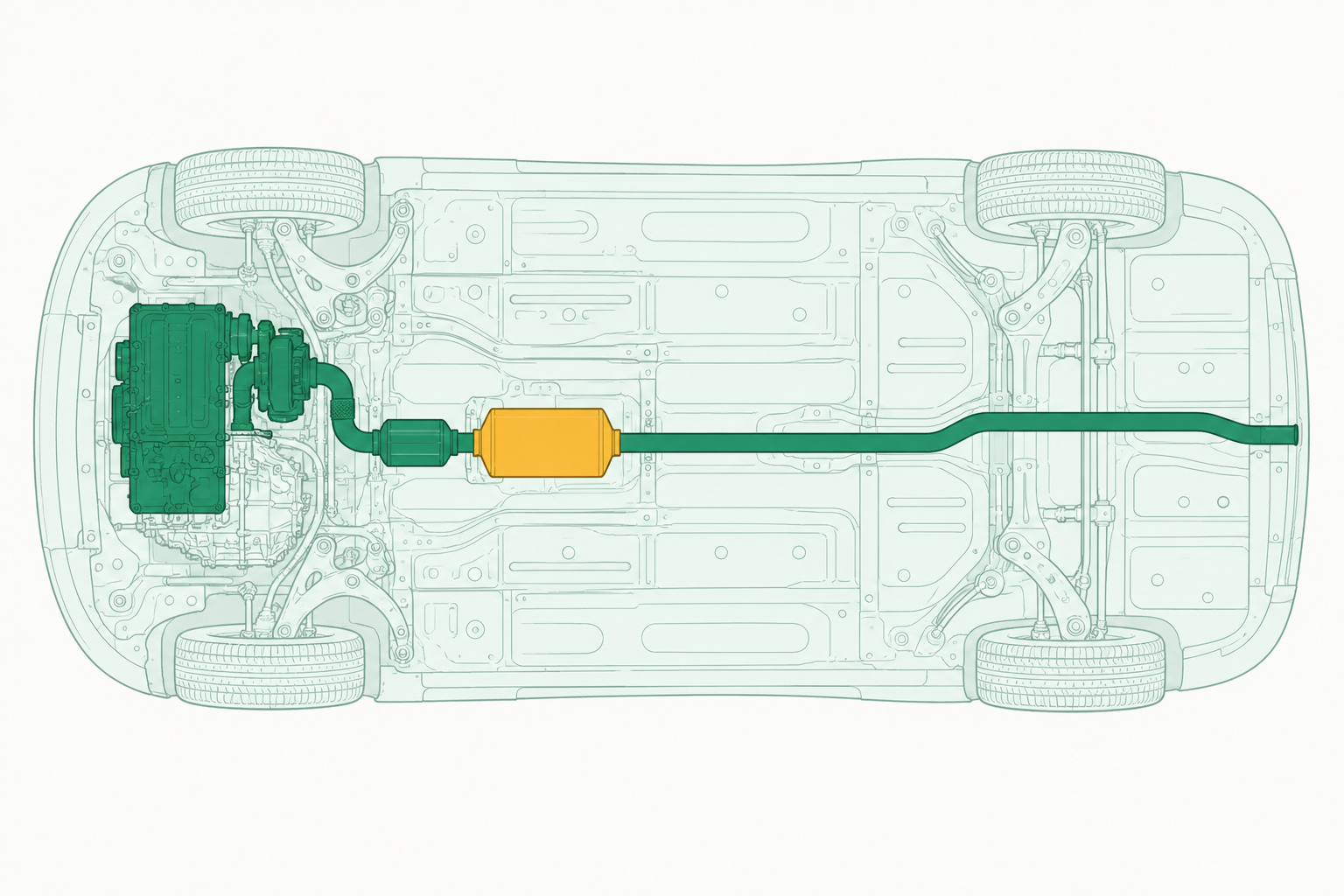 Underside view of a car showing the exhaust line from the turbo through the oxidation catalyst to the diesel particulate filter, with the filter canister highlighted.