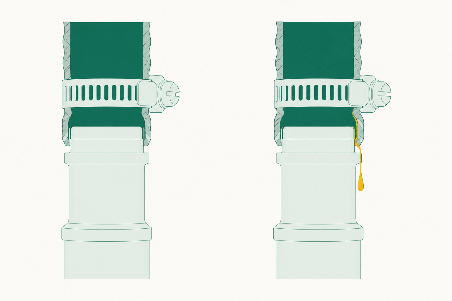 Two cross-sections of a hose and clip joint side by side, one sealed against the spigot and one with a gap at the sealing face and a bead of fluid escaping.