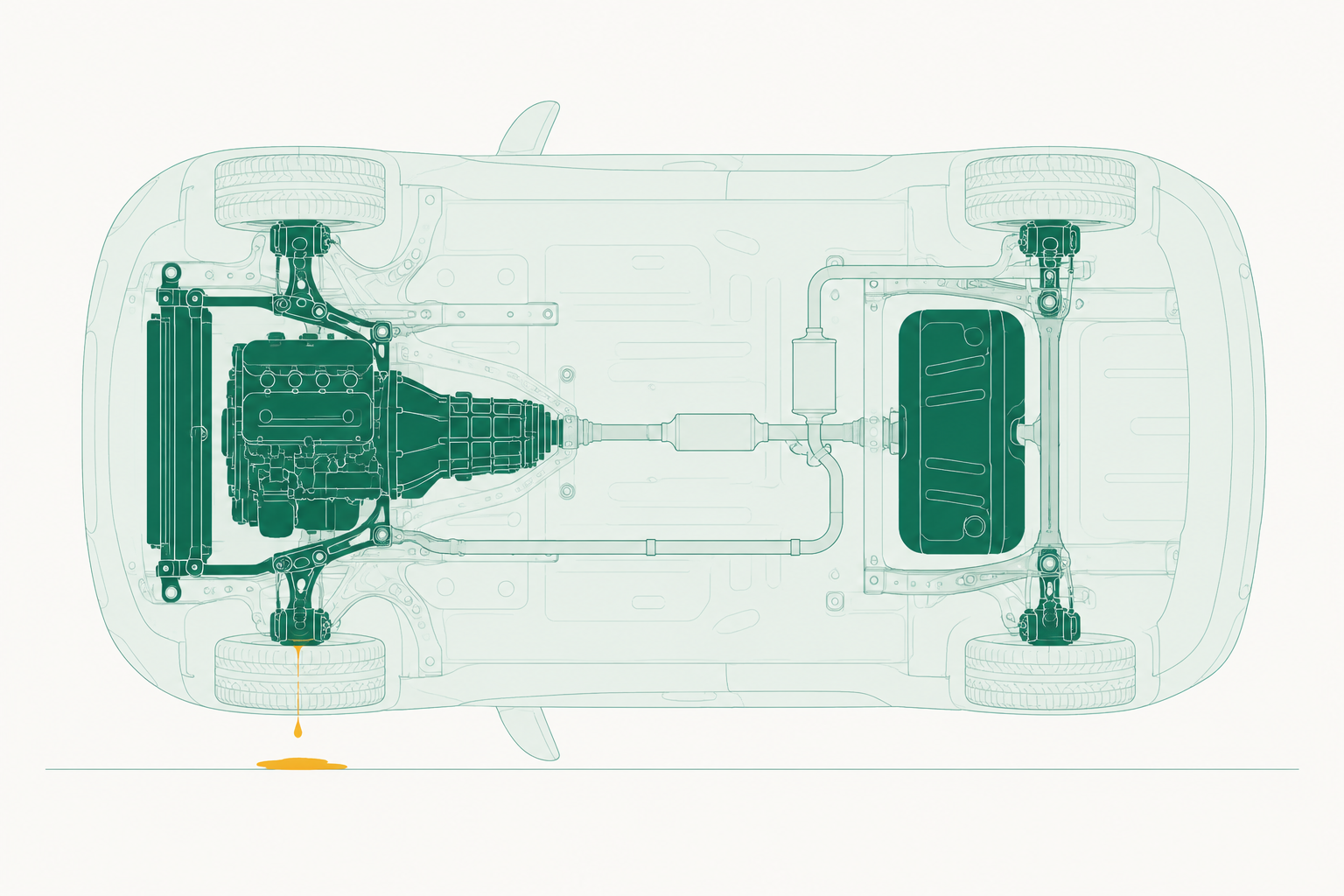 Underside view of a car with the engine, radiator, fuel tank and brakes drawn beneath a ghosted body, and a drip landing on the ground by a front wheel.