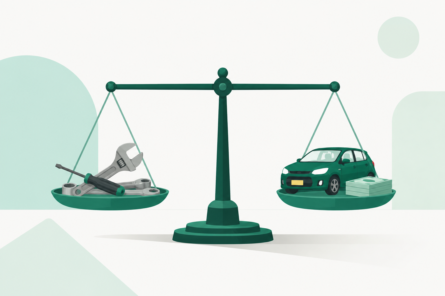 Illustration of a balance scale weighing a spanner and repair tools against a small car and banknotes.