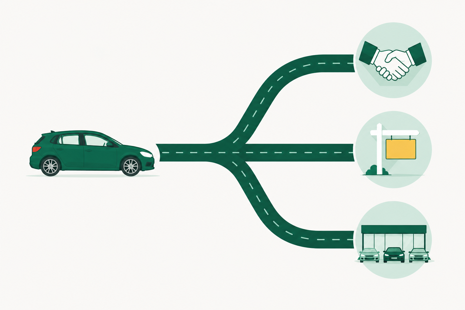 Illustration of three routes to sell a car: instant buyer, private sale and part-exchange.
